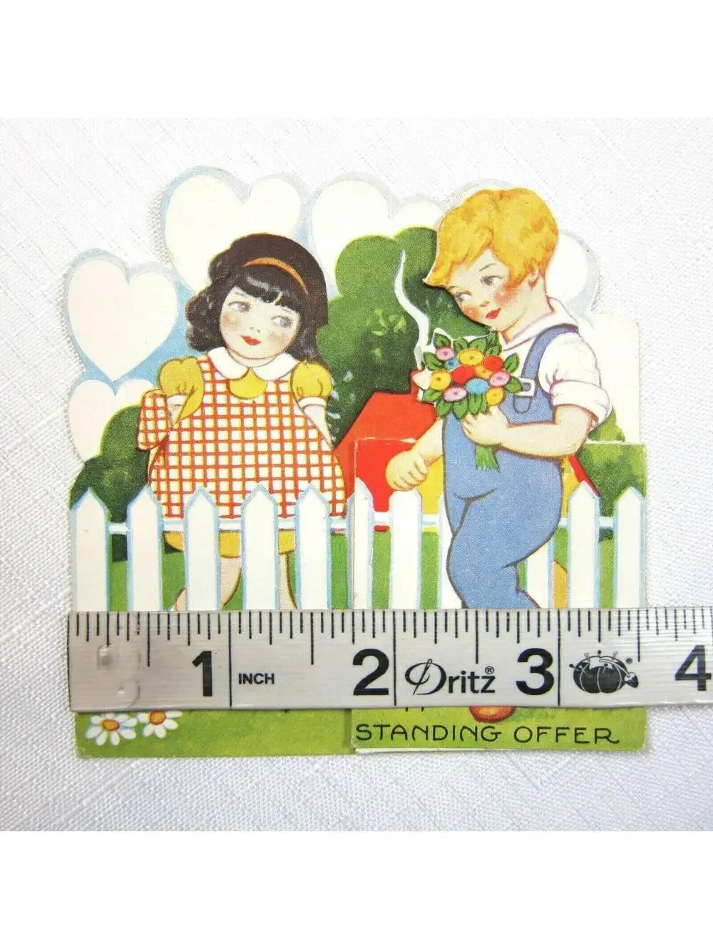 Vintage Valentine Card 1931 Fold Stand Girl & Boy w/ Flowers White Picket Fence